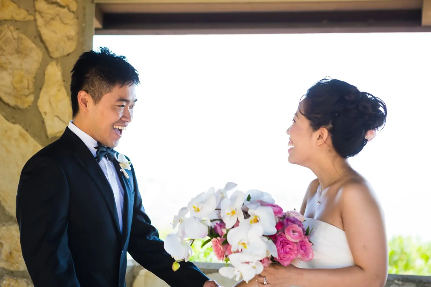 Bride and groom share first look at wayfarers chapel in Rancho Palos Verdes, CA
