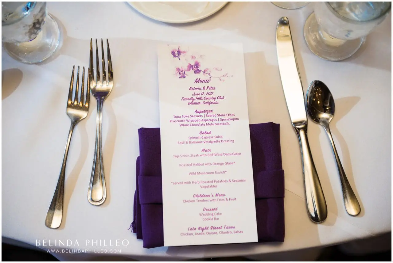Ultraviolet napkin and purple orchid designed dinner menu at Friend Hills Country Club wedding Reception