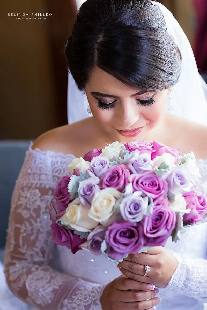 white and purple roses bridal bouquet