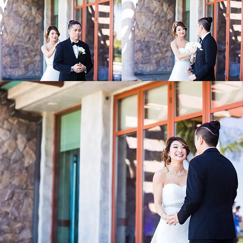 Bride and groom share their first look on the patio at their Old Ranch Country Club wedding in Seal Beach, CA
