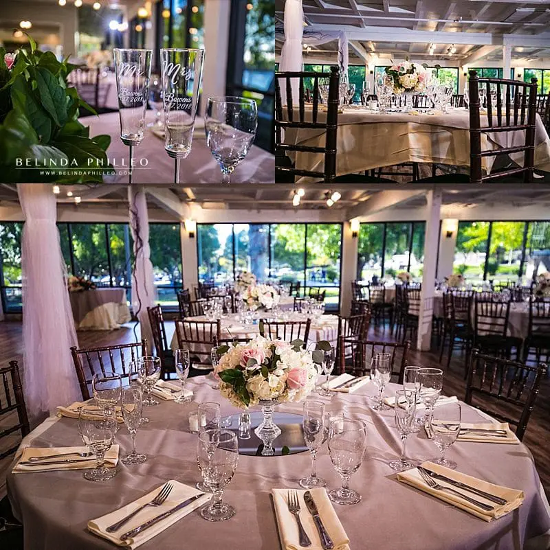 Reception at Casa de Lago wedding in Orange, CA with lavender table linens, white hydrangeas and pink roses