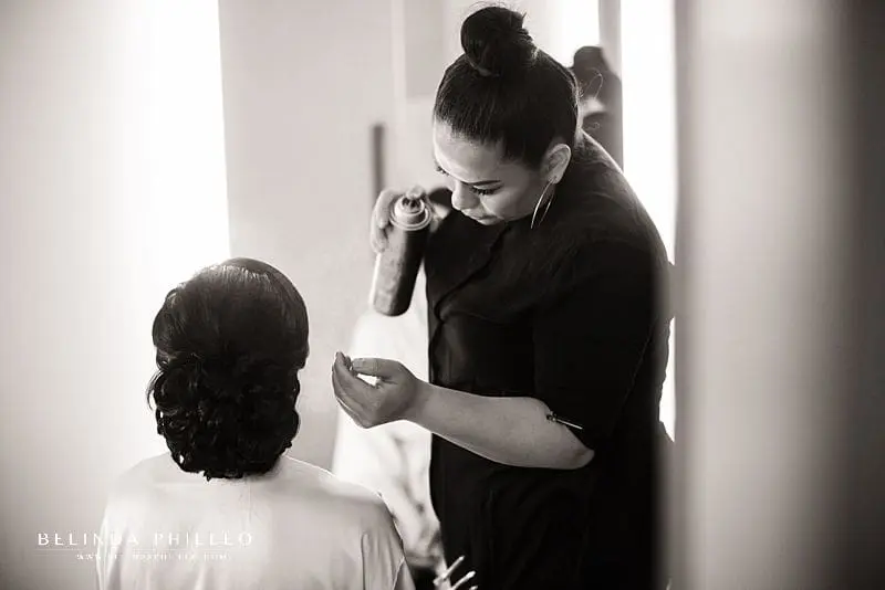 Hair by Maria Palacios works on bridal party for Downtown Los Angeles Wedding