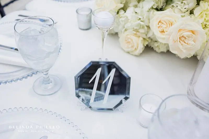 Mirrored table numbers at Los Angeles River Center & Gardens Wedding
