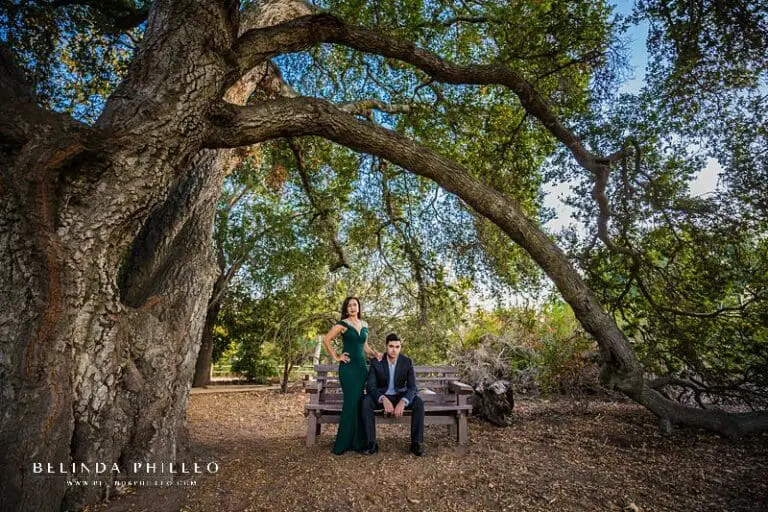 Dramatic engagement photos in Orange County. Bride-to-be poses for engagement pictures in her elegant hunter green gown next to her fiance at a wilderness park in Coto De Caza.