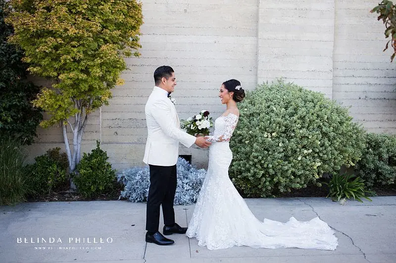 Bride and groom share intimate first look before their ceremony outside St John's Episcopal Cathedral in Downtown Los Angeles.