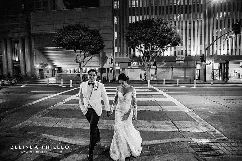 Street photos with bride and groom at their glamorous wedding at Alexandria Ballrooms in Downtown Los Angeles