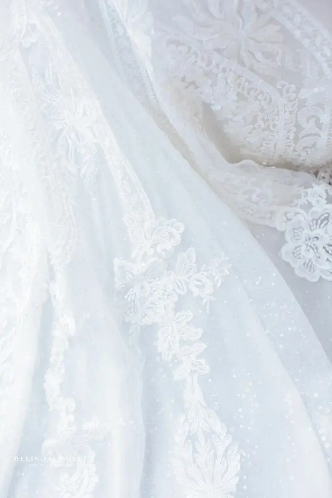 Lace and beading detail on Kenneth Winston bridal gown style 1882
