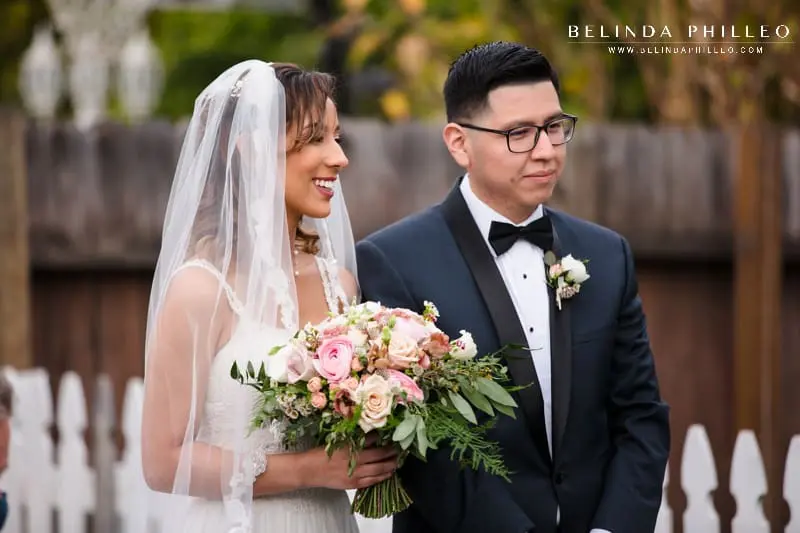 Bride and groom at springtime backyard wedding in Anaheim, CA