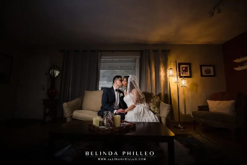 Dramatic wedding portraits in bride's home at backyard wedding in Orange County, CA