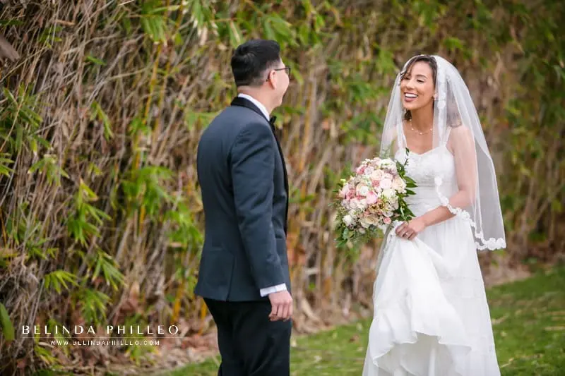 Bride and groom react to first look at Cerritos Sculpture Garden