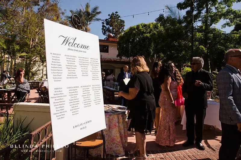Simple black and white seating chart for wedding reception