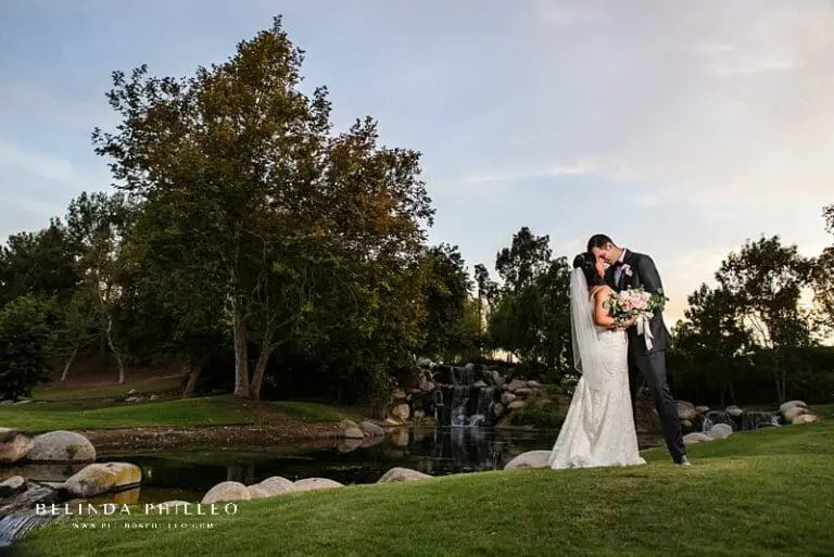 Coyote Hills Golf Club Wedding portraits near waterfall. Photography by Belinda Philleo