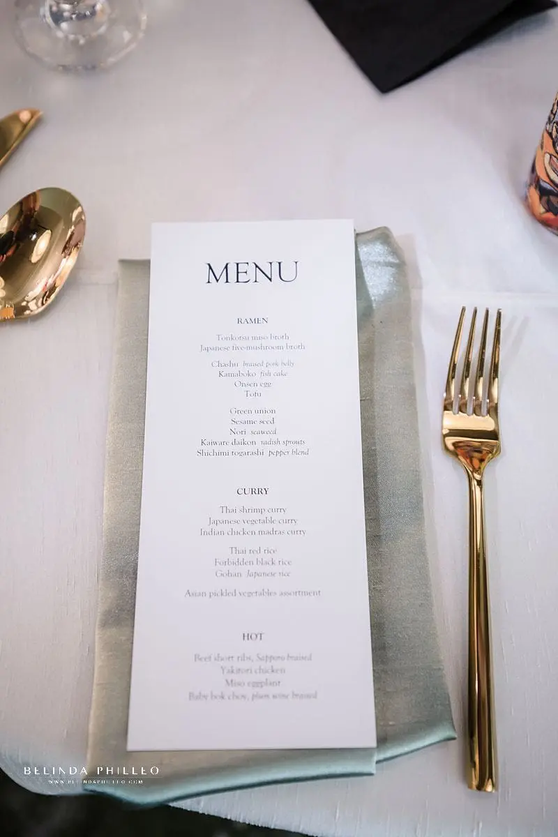 Reception menu featuring ramen bar and curry options for wedding reception at Japanese American Cultural & Community Center in Los Angeles, CA