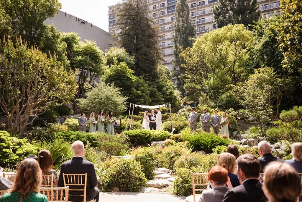 Japanese American Cultural and Community Center wedding ceremony in James Irvine Japanese garden