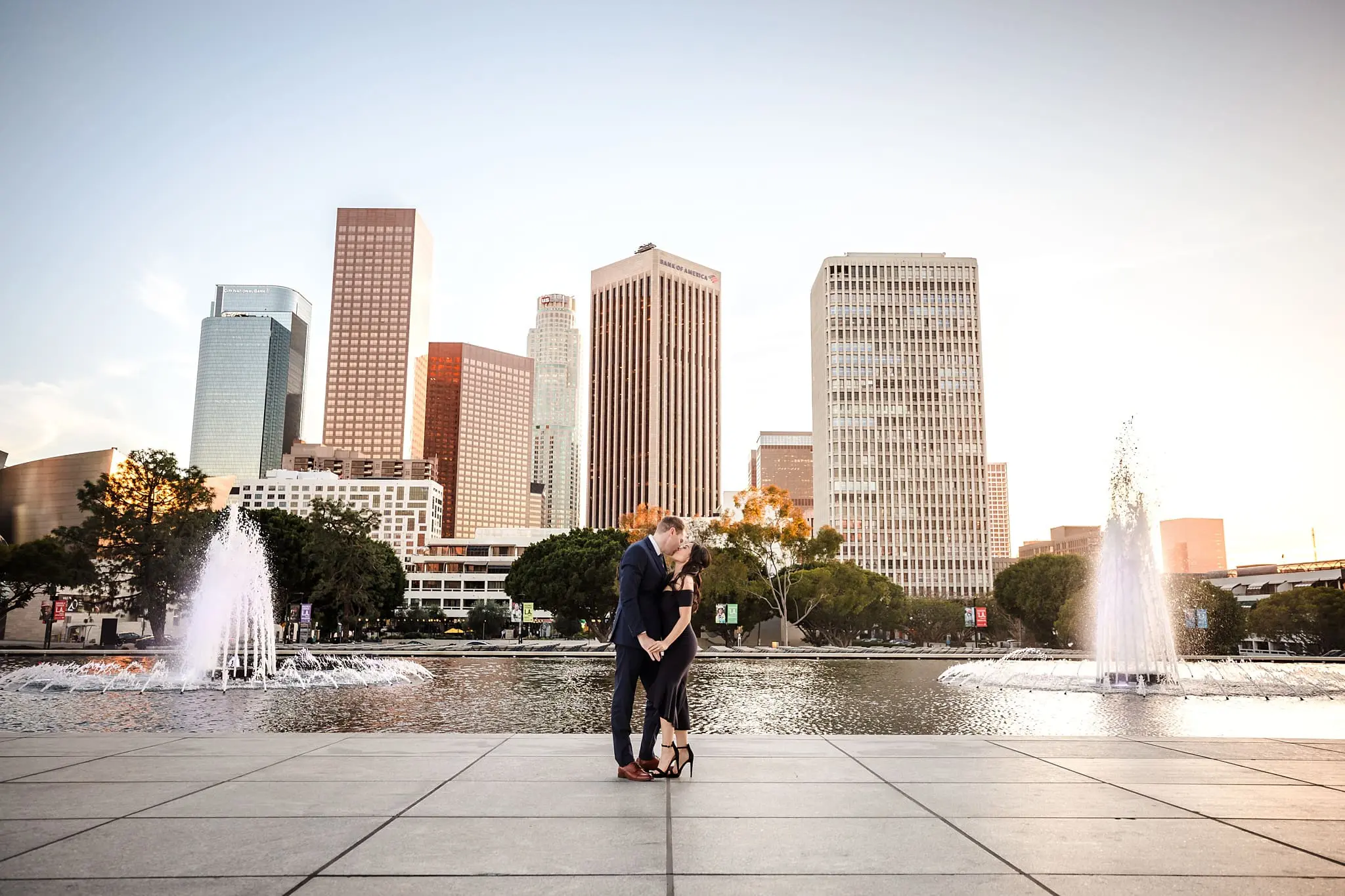 Engagement photo with Los Angeles Skyline in the background
