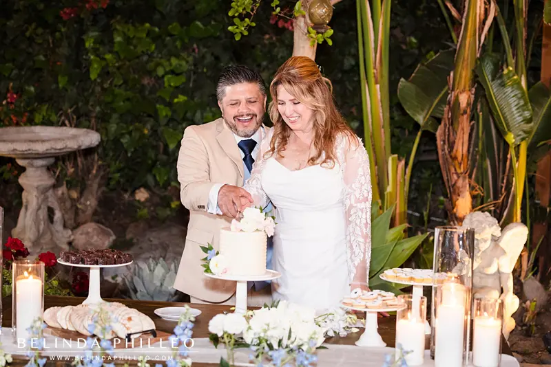 Newlyweds cutting the cake at their backyard reception