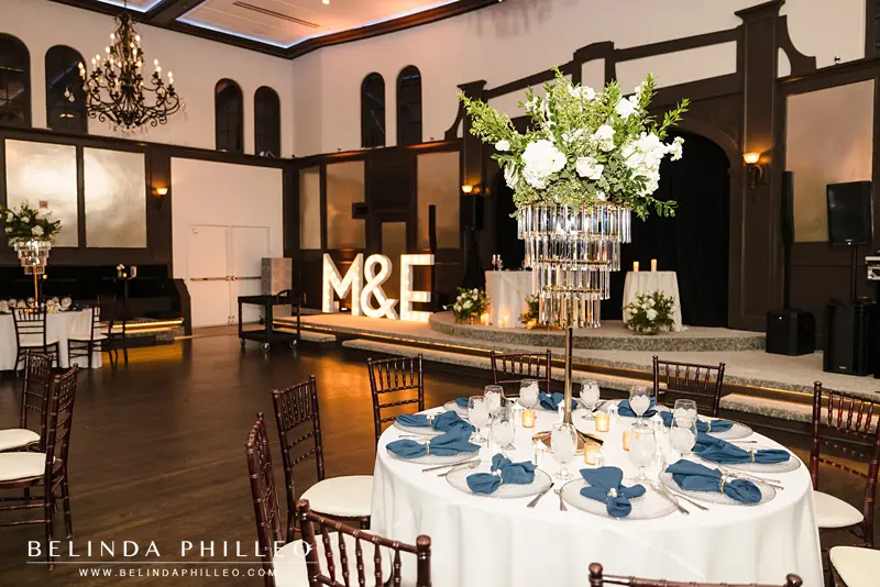 Wedding reception decor in The Grand Ballroom of The Charleston in Downtown Fullerton, CA