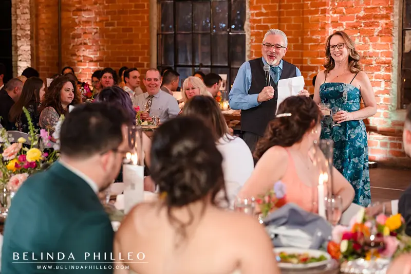 Bride's parents give Wedding reception toast during dinner at Seventh Place Los Angeles