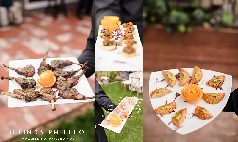 A collage of passed appetizers. Leg of lamb, empanadas, and rolled up proscuitto