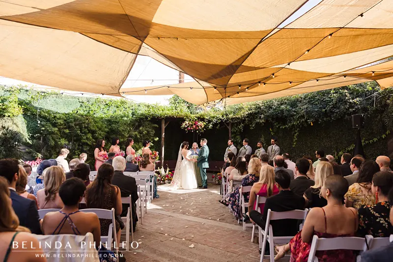 Wedding ceremony on the outdoor patio at Seventh Place in the Arts District of Los Angeles