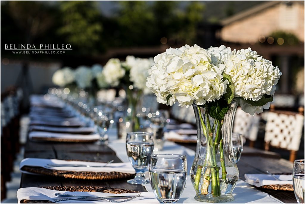 Farmhouse style reception tables for Serendipity Gardens wedding in Oak Glen, CA