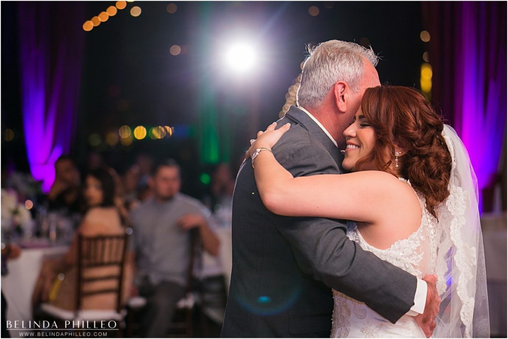 Bride dances with her father at Reef Restaurant wedding reception in Long Beach, CA. Photo by Belinda Philleo