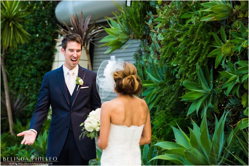 Groom's face during first look at Smog Shoppe Los Angeles wedding. Photo by Belinda Philleo
