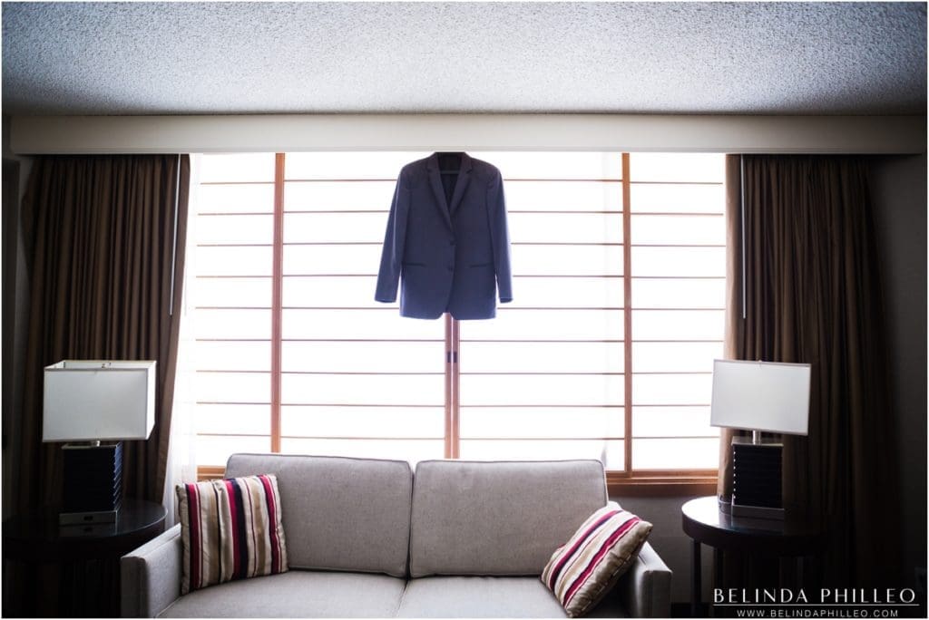 Groom's suit hanging in Double Tree Los Angeles