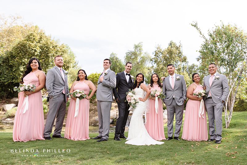 Grey and pink bridal party at Coyote Hills Golf Course wedding in Fullerton, CA