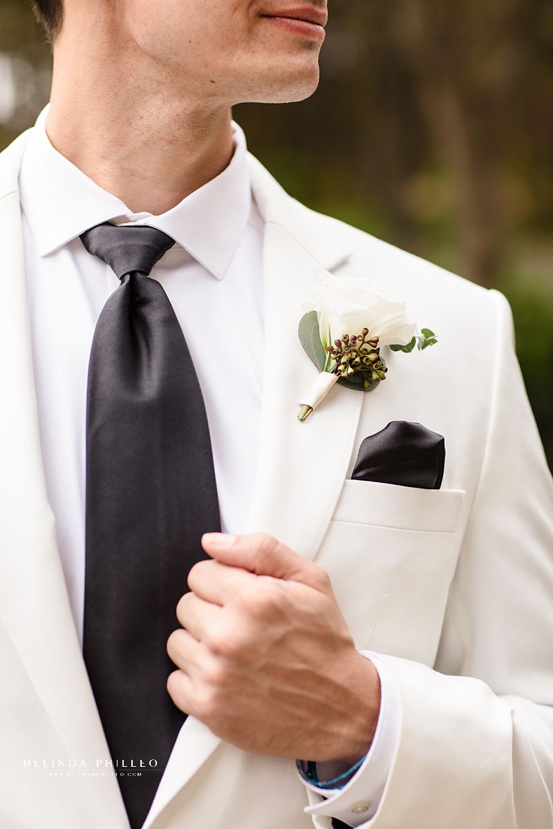 Custom white groom suit made in Thailand with Black tie and pocket square